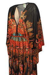 Incredible 1970s Gottex Plunging Light Print Nylon Caftan Dress
