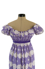 Late 1960s Anne Fogarty Soft Lavender Purple & White Floral Off Shoulder Empire Waist Dress
