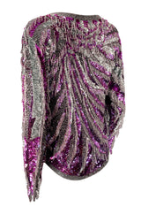 1984 Halston Deep Pink & Silver Densely Sequinned & Heavily Beaded Top w Wide Neckline