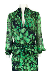 Spring 1972 Pauline Trigere Cotton Silk Voile Green Tulip Print Skirt & Top Set
