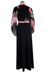 Prettiest 1970s Leonard Paris Pink Charcoal & Black Floral Printed Silk Jersey Dress