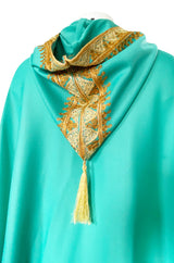 1970s Turquoise Jersey Cape with Gold Cord Braiding Detailing & Hood