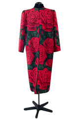 Fall 1985 Valentino Runway Felted Wool & Velvet Trim Over-sized Coat w Huge Rose Print Coat