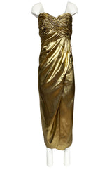 1970s Robert David Morton Gold Lame Strapless Gathered Bodice Dress