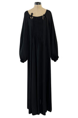 1970s Ossie Clark Black Moss Crepe Dress w KeyHole Tie Print & Balloon Sleeves