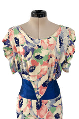 Romantic 1930s Floral Print Bias Cut Silk Dress w Ruffle & Blue Ribbon Detailing