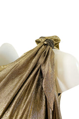 Important 1976 Halston Couture One Shoulder Gold Metallic Lame Sarong Dress
