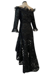 Spring 1987 Yves Saint Laurent Runway Black Net & Raffia High Low Dress w Ruffle Detail