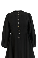 1972 Jean Muir Pin Tuck Detailed Huge Sleeve Black Crepe Dress