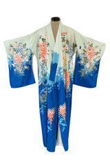 Prettiest 1970s Blue Floral Print Kimono Reversible to an Ivory & Coral Print