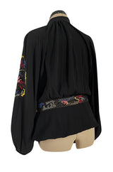 Extraordinary 1940s Hand Embroidered & Beaded Black Moss Crepe Balloon Sleeve Top