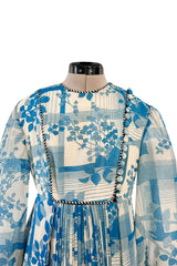 Prettiest 1960s Jean Varon Blue Floral Print Dress w Elaborate Pleating Detail