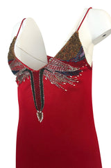 1970s Stephen Burrows Hand Beaded Red Jersey Halter Dress