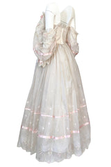 1980s Emanuel Custom Fairy Tale Embroidered & Ribboned Silk Organza Dress