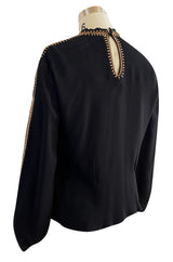 Stunning 1940s Black Silk Crepe Top w Extensive Hand Embroidered Neckline & Sleeves