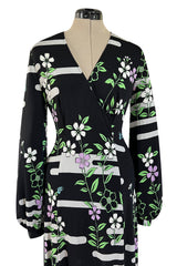 Prettiest 1970s Hanae Mori Printed Black & Green Floral Easy to Wear Jersey Dress
