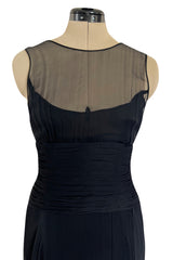1980s Chanel by Karl Lagerfel Black Silk Chiffon Dress w Gold Button Detailing