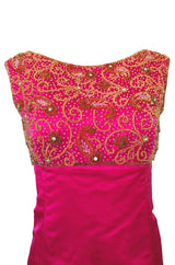 1960s Malcolm Starr Vibrant Pink Silk Satin Dress w Beaded Bodice