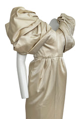 1980s Jacqueline De Ribes Ivory Silk Satin Dress w Amazing Sleeves