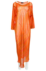 Spring 1973 Halston Bright Tangerine Striped Silk Chiffon Caftan w Sash