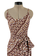 Rare 1970s Emilio Pucci Printed Taupe & White Silk Jersey Halter Jumpsuit w Belt