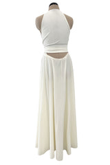 Faboulous 1970s Halston Ivory Jersey Dress W Plunged Front Full Skirt & Tie Waist