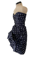 1980s Loris Azzaro Deep Blue Silk Strapless Dress w White Dots & Unusual Skirt