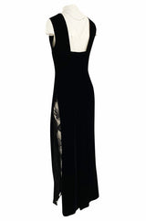 1980s Unlabeled Chanel Haute Couture Black Velvet Tabard w Silk Chiffon & Lace Under Skirt