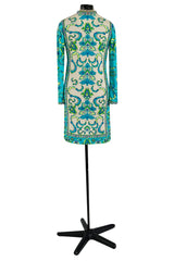 Gorgeous 1970s Mr. Dino Elaborate Print Mini Shift Dress in Turquoise & Yellows
