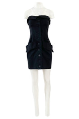 Spring 1985 Yves Saint Laurent Black Cotton Button Front Strapless Mini Dress w Pockets