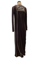 Museum Held 1970s Bill Gibb Deep Brown Liquid Jersey Dress w Metal Buttons & Extensive Beading