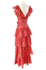 Prettiest 1970s Oscar de la Renta Tiered & Ruffled Tiny Floral Red Dress