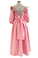 Prettiest 1970s Richiline Iridescent Pink Silk Dress w Pouf Sleeves & Rhinestone Details