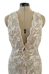 Feather Light Spring 1984 John Anthony Couture Plunging Ivory Lace Dress w Sequin Detailing