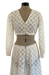 1960s Saks Fifth Avenue Ivory Lace Wide Legged Crop Pant & Matching Crop Top