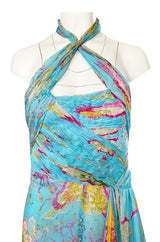 Spring 2004 Valentino Runway Pale Turquoise Silk Chiffin Print Dress