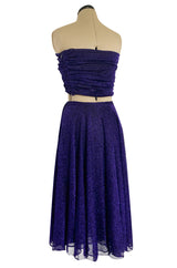 Rare 1978 Halston Couture Metallic Purple Lurex Cropped Bandeau Top & Skirt Set