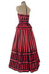 Stunning 1970s Victor Costa Red & Black Striped Satin Finish Strapless Dress