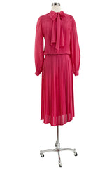 1970s Louis Feraud Haute Couture Hand Pleated Pink Silk Chiffon Day Dress w Bow