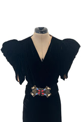 Incredible 1930s Black Silk Velvet Wrap Bias Cut Dress w Elaborate Metal & Bead Belt