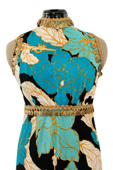 Gorgeous 1960s Unlabeled Tropical Blues Floral Print Jumpsuit w Gold Coin & Cord Detailing