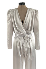 Amazing 1980s Flora Kung Pale Silver Satin Jumpsuit w Plunge Neckline & Tie Waist