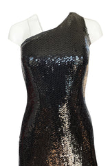 Fall 1974 Bill Blass One Shoulder Glossy Black Sequin Dress with Fringe Hem