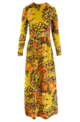 Famous 1971 Bill Blass Vogue Featured Yellow Chenille & Silk Maxi Dress w Elaborate Feather Collar