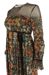 1960s Mignon Densely Embroidered on Brown Silk Chiffon Dress