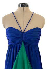 Prettiest 1970s Adele Simpson Deep Blue Chiffon Dress w Green Ruffle Front Halter Dress