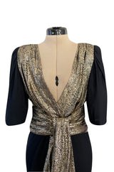 Spring 1986 Yves Saint Laurent Black Crepe & Jersey Dress w Gold Lame Front & Long Sash Belt