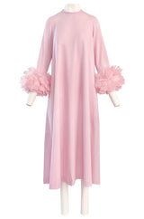 1960s Odette Barsa Loose & Easy Fitting Pink Caftan w Wide Pink Feather Cuffs