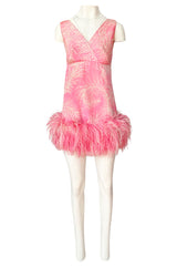 1960s Jerry Silverman Pink Print Mini Dress w Pink Feather Hem Detailing