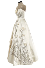 Gorgeous 1950s Emma Domb Ivory Matte Satin Dress w Sequin & 3D Flower Detailing
